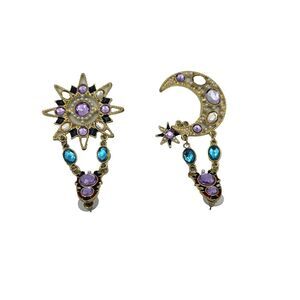 Rhinestone Moon Sun/Star Cabochon Purple Statement Earrings Post Back Dangle EUC